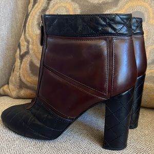 Chanel black and burgundy quilted leather booties. Size 38.5. Heel height 4”.